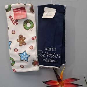 Christmas Kitchen Towel 3pcs Bundle Cream and Navy Festive Design New